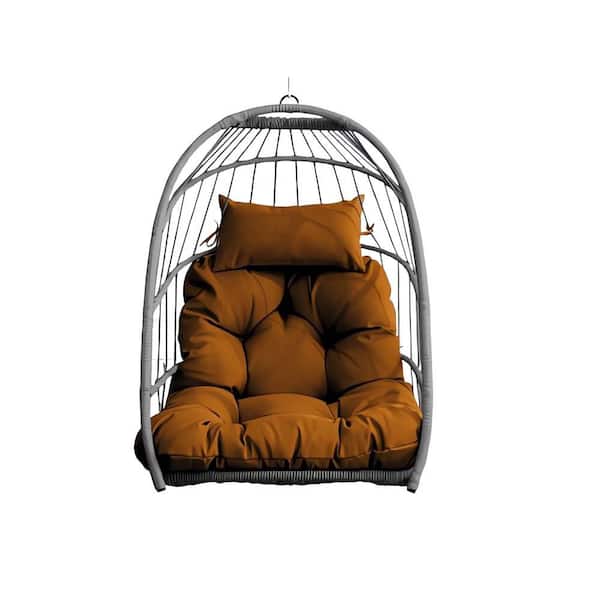 Outdoor Garden PE Rattan Porch Swing Egg Swing Chair Hanging Chair with Brown Cushion