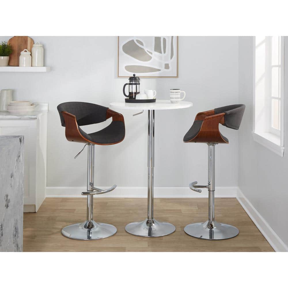 Adjustable Dark Gray Swivel Barstool with Walnut and Chrome
