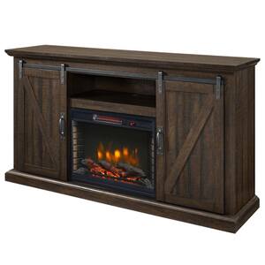 Langdon 58 in. Freestanding Infrared Electric Fireplace TV Stand with Sliding Barn Door in Rustic Brown