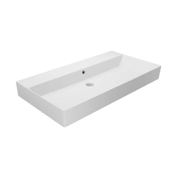 WS Bath Collections Energy 85 Matte White Ceramic Rectangular Wall Mounted/Vessel Sink without Faucet Hole