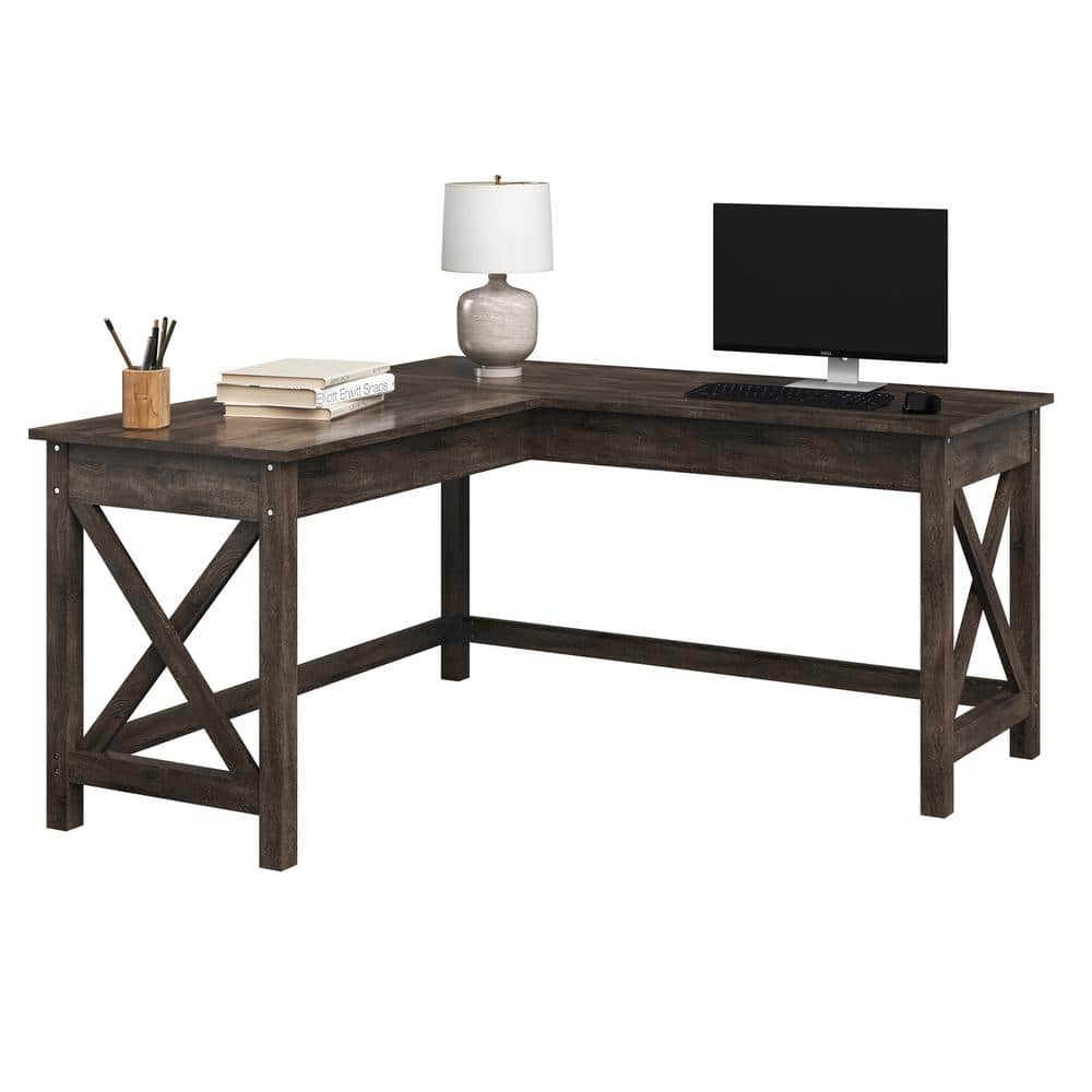 Dark Gray Oak L-Shaped Computer Desk with X-Pattern Legs