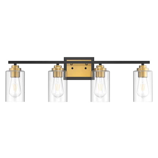 KAWOTI 30 in. 4-Light Black and Brass Vanity Light with Clear Glass Shades