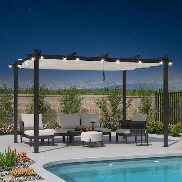PURPLE LEAF 10 ft. x 13 ft. Gray Aluminum Frame Pergola with White Retractable Sun Shade Canopy Extra Roof and String Lights