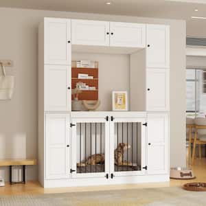 Large Wooden Heavy Duty Dog Crate, Indoor Modern Dog House Dog Cage with 7-Large storage cabinet, White