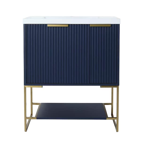 Logmey 30 in. W x 18 in. D x 35 in. H Bath Vanity in Navy Blue with White Resin Top