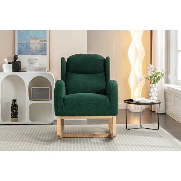 38 in. Green Teddy Fabric Rocking Chair with Wood Legs, Modern Tufted Back for Living Room and Bedroom