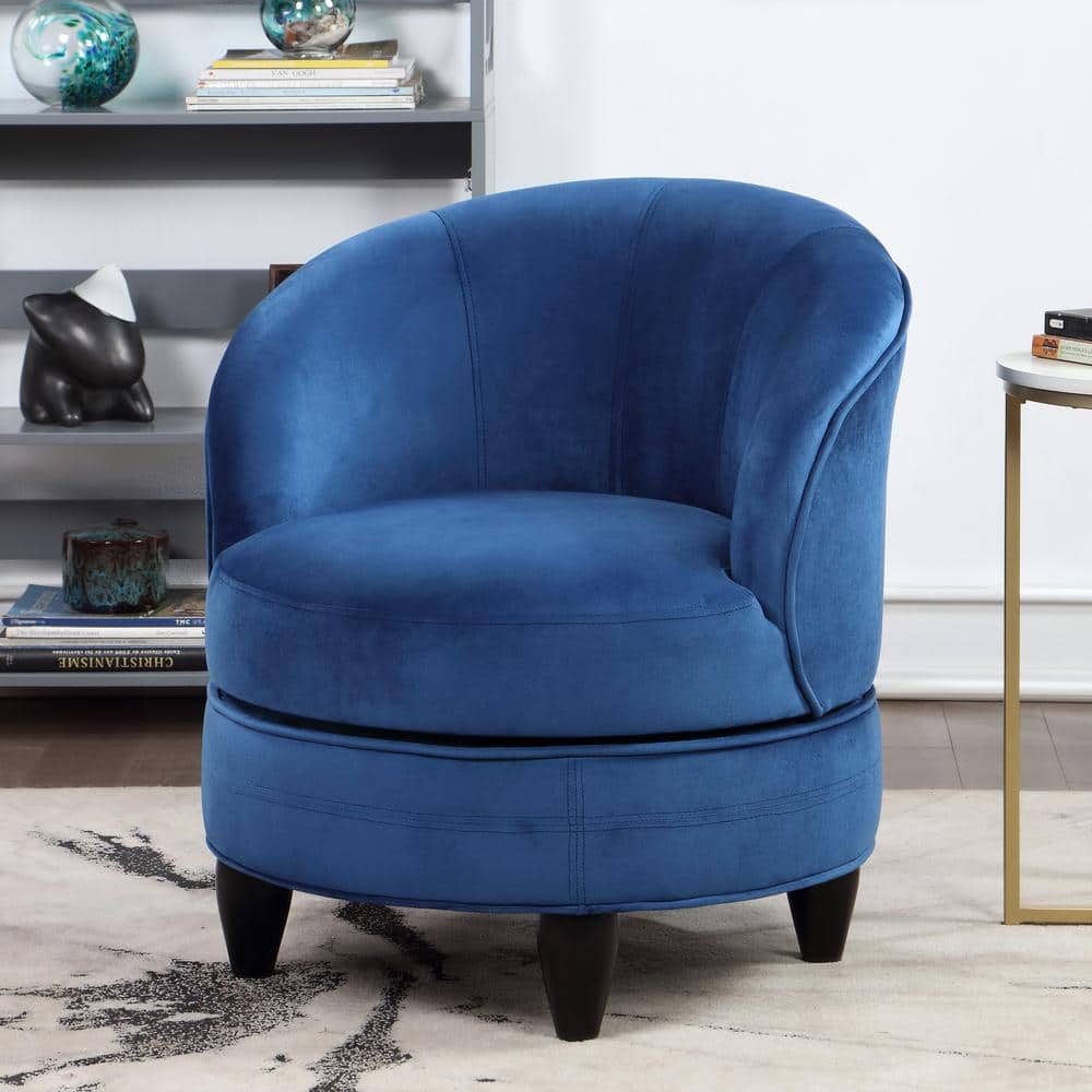 Sophia Blue Velvet Swivel Barrel Accent Chair with Wood Base