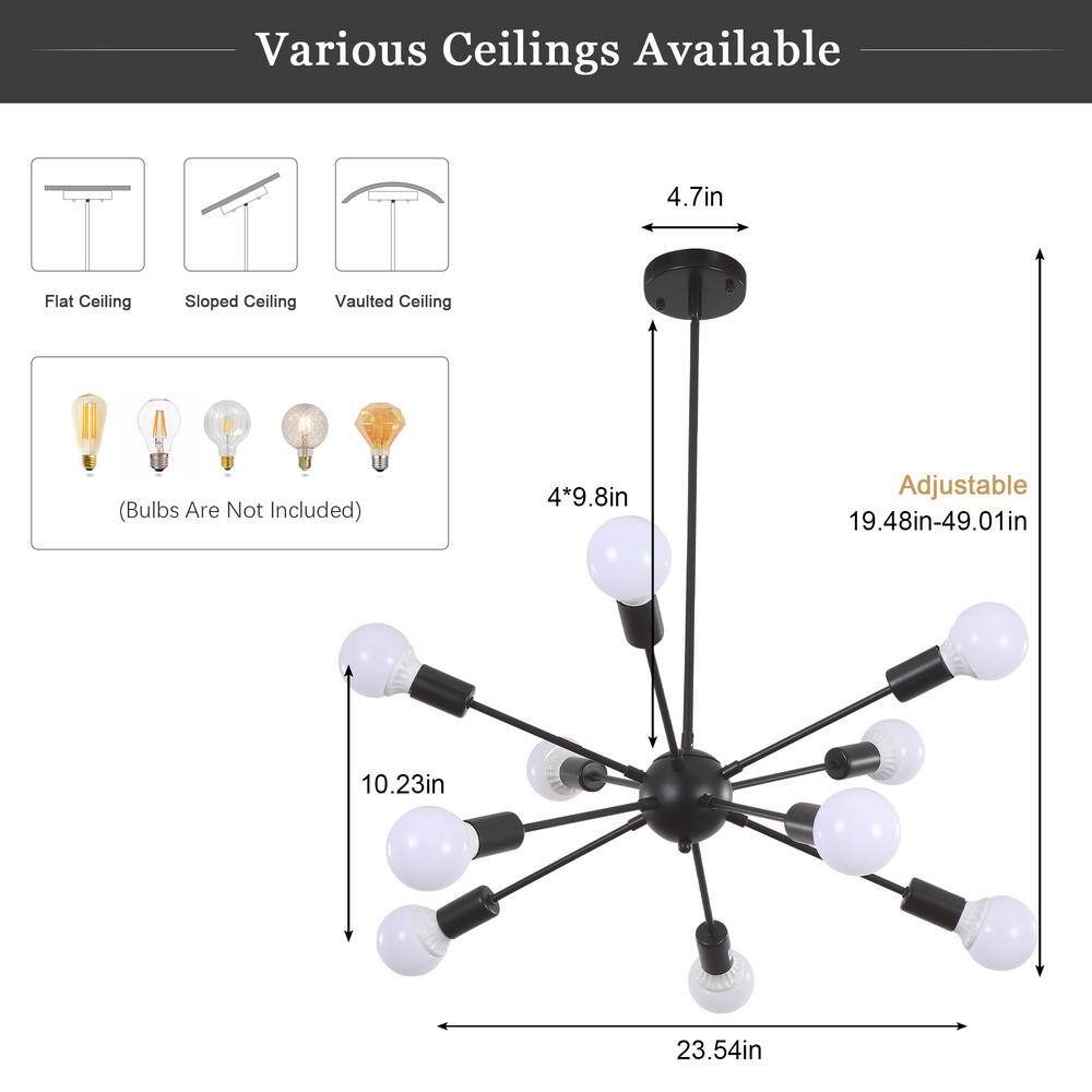 Black Metal 10-Light Sputnik Chandelier with Adjustable Height