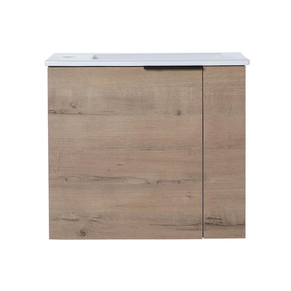 ANGELES HOME 22 in. W x 13 in. D x 19.7 in. H Small Floating Bath Vanity in Oak with White Ceramic Top, Single Sink, Soft Close Door