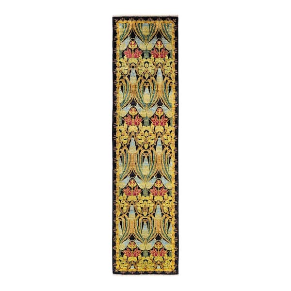 Solo Rugs Arts and Crafts One-of-a-Kind Contemporary Black 2 ft. 5 in. x 9 ft. 5 in. Floral Area Rug