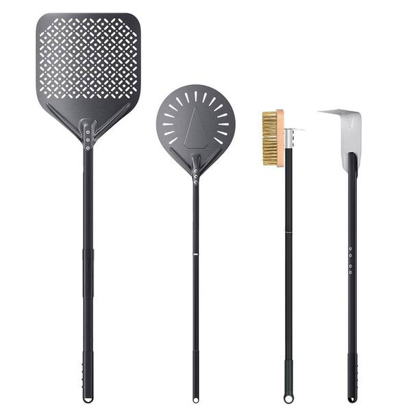 4-Piece Pizza Oven Kit with 12 x 14 in Perforated Peel, 9 in Turning Peel, Oven Brush, and Ash Rake