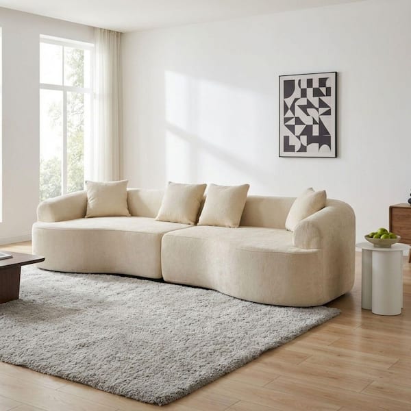 Zorwell Modern 106.29 in. Round Arms Chenille Upholstery Curved Compressed Sectional Sofa in White with Pillows