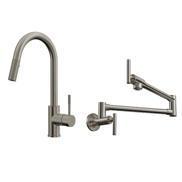 16 in. Height 360 Spout Swivel Single Handle Pull Out 2-Sprayer Kitchen Faucet with Pot Filler in Brushed Nickel