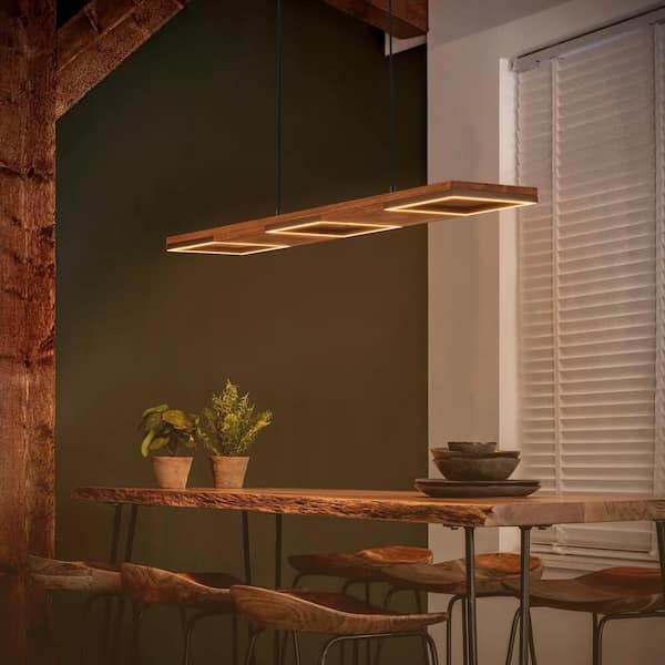 Rennnsan Peyton 3-Light Wooden Brown Dimmable Linear LED Kitchen Island Pendant Light