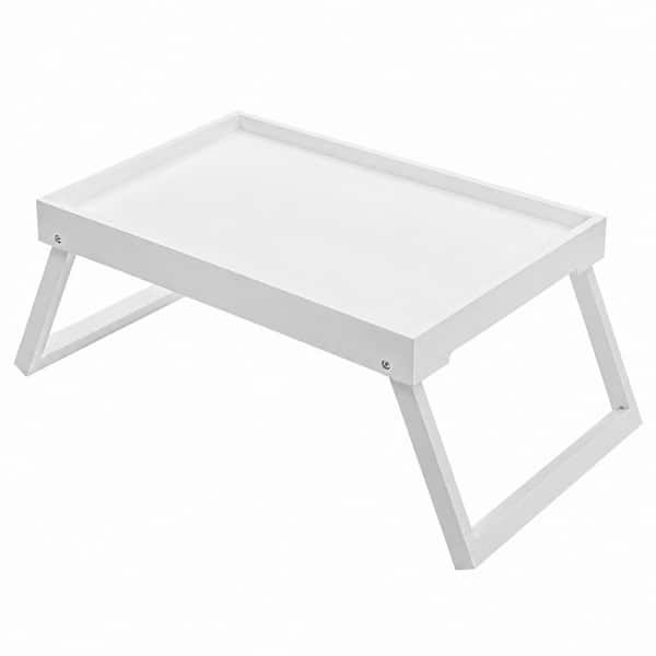 White Bamboo Folding Leg Bed Tray Table with Built-In Handles and Raised Edges for Serving