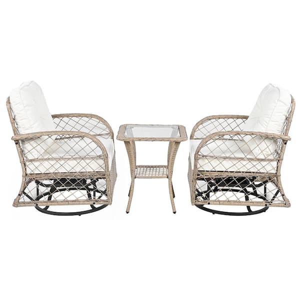 3-Piece Wicker Patio Conversation Set with Beige Cushions