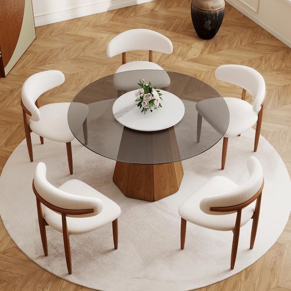 Round 53 in. Walnut Tempered Glass Tabletop with Rotable Lazy Susan and Pedestal Base Dining Table (Seats 6)