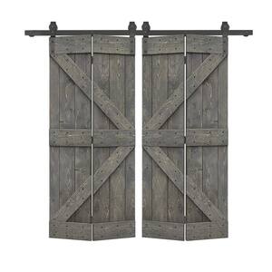 52 in. x 84 in. K Series Weather Gray Stained DIY Wood Double Bi-Fold Barn Doors with Sliding Hardware Kit