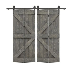 60 in. x 84 in. K Series Solid Core Weather Gray Stained DIY Wood Double Bi-Fold Barn Doors with Sliding Hardware Kit