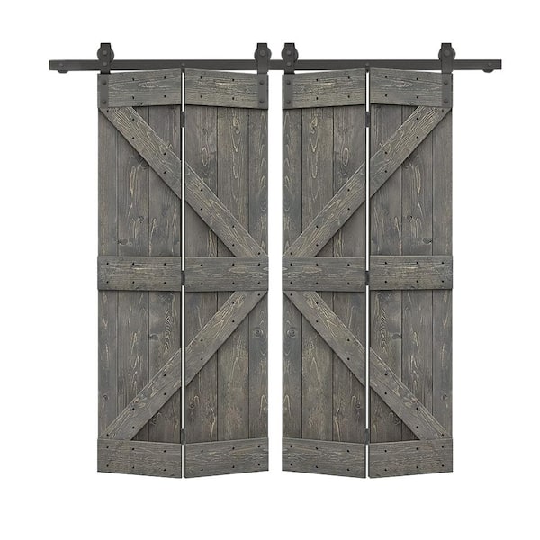 CALHOME 60 in. x 84 in. K Series Solid Core Weather Gray Stained DIY Wood Double Bi-Fold Barn Doors with Sliding Hardware Kit