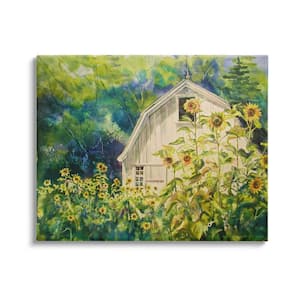 Peaceful Sunflower Countryside Woodlands Barn by MB Cunningham Unframed Architecture Art Print 48 in. x 36 in.