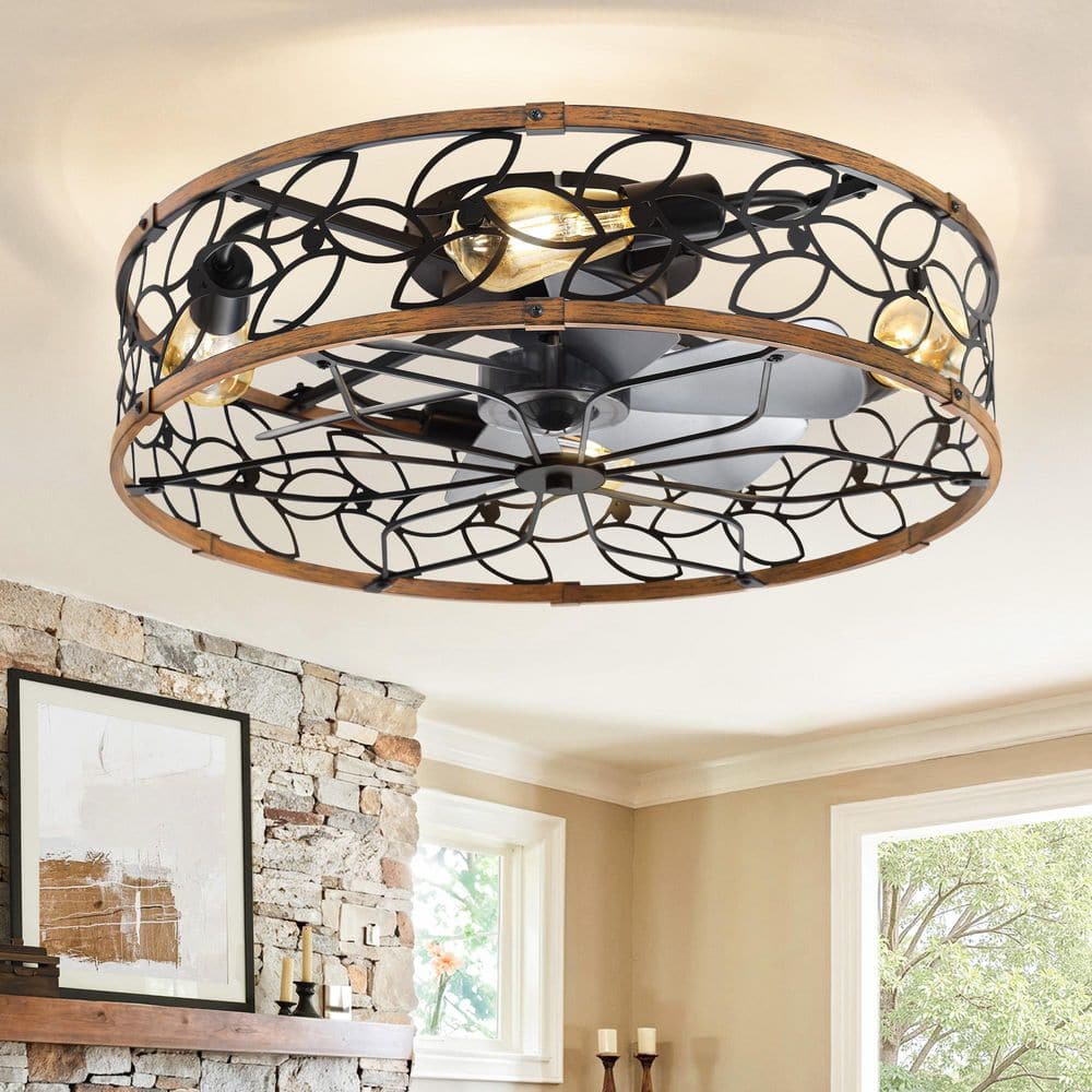 23 in. Indoor Walnut Quiet Caged Modern Flush Mount Fandelier Ceiling Fan with Lights, DC Motor, Remote Control Included price history on PriceWatchPro