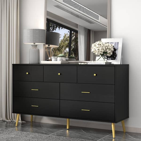 FUFU&GAGA 7-Drawer Black Chest of Drawers, 31.5 in. H, 55.9 in. W, 15.7 in. D