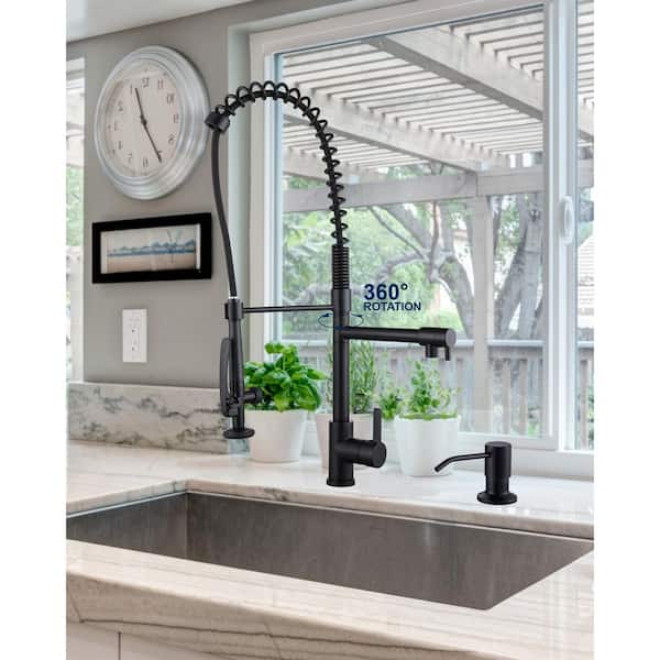 Commercial High-Arc Single Handle Pull Down Sprayer Kitchen Faucet with Soap Dispenser in Matte Black
