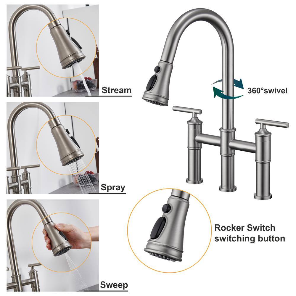 Brushed Nickel Double Handle Bridge Faucet with Pull-Down Sprayer