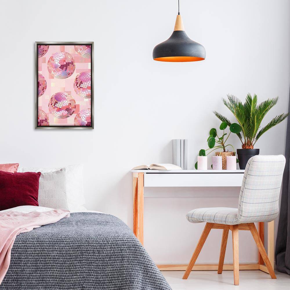 Feminine Pink Disco Balls by LSR Design Studio Gray Floater Frame Abstract Graphic Art Print 25 in. x 17 in.