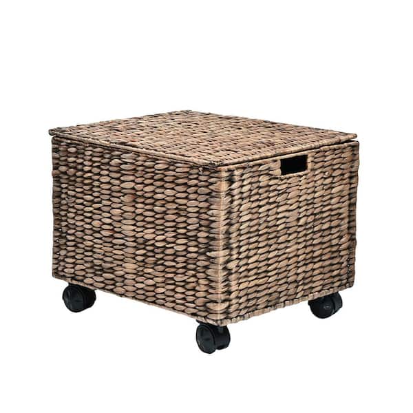 happimess Ashton 18.11 in. x 14.17 in. Metal/Hyacinth Decorative Filing Basket with Lid and 360 Degree Lockable Wheels, Brown