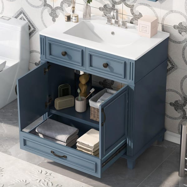 30 in. W Single Sink Freestanding Bath Vanity in Blue with White Ceramic Top and Soft Closing Doors