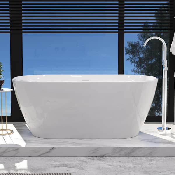 INSTER MUTE 59 in. x 28.74 in. Oval Acrylic Flatbottom Freestanding Soaking Non-Whirlpool Bathtub in White