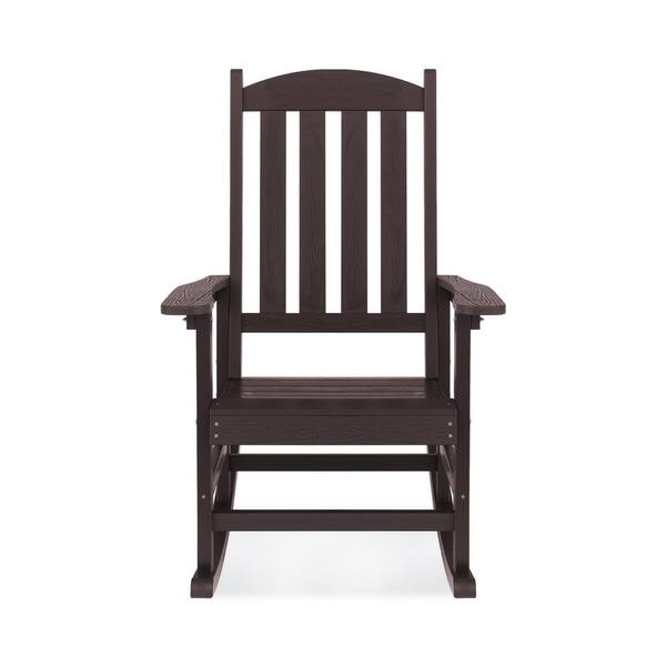 LUE BONA Brown Plastic Adirondack Outdoor Rocking Chair with High Back, Porch Rocker for Backyard