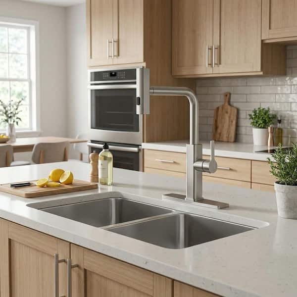 Single Handle 3-Mode Waterfall Pull Down Sprayer Kitchen Faucet with Deckplate and Supply Lines in Brushed Nickel