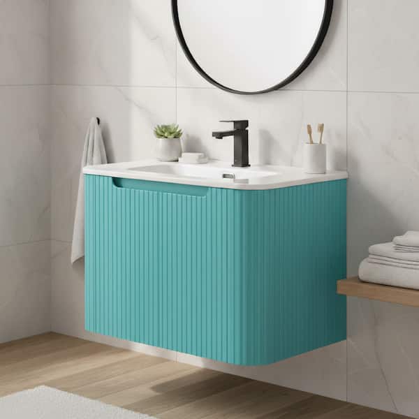Caskvalley 30 in. Floating Bath Vanity in Tiffany Blue with White Ceramic Sink Top Assembled