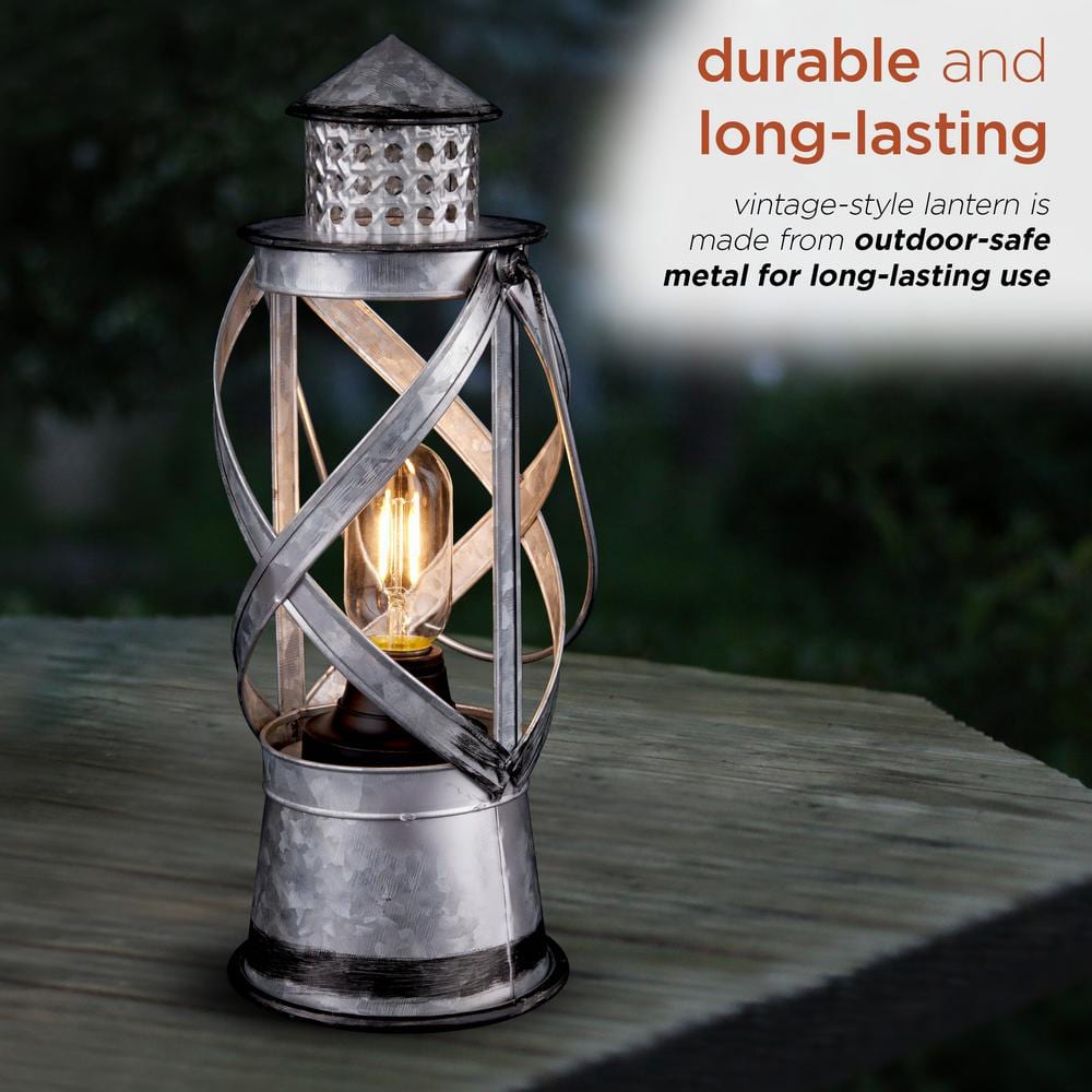 Vintage Silver Metal Hurricane Lantern with LED Lights