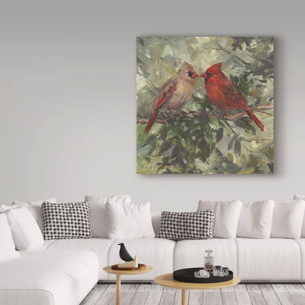 Kissing Cardinals Portrait Canvas Art in Red and Beige