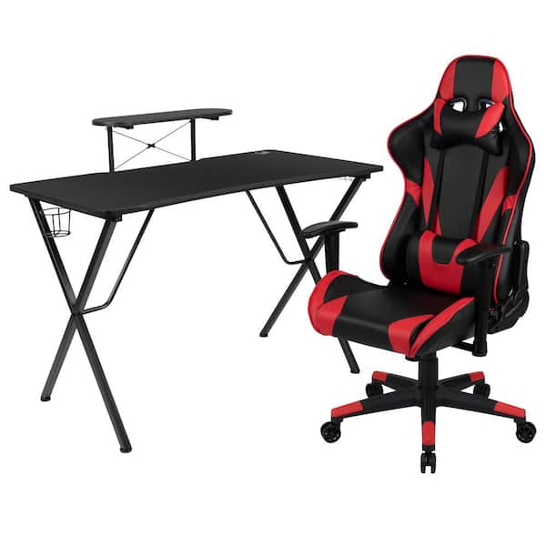 Carnegy Avenue 51.5 in. Rectangular Black Computer Desk with Red Racing Game Chair