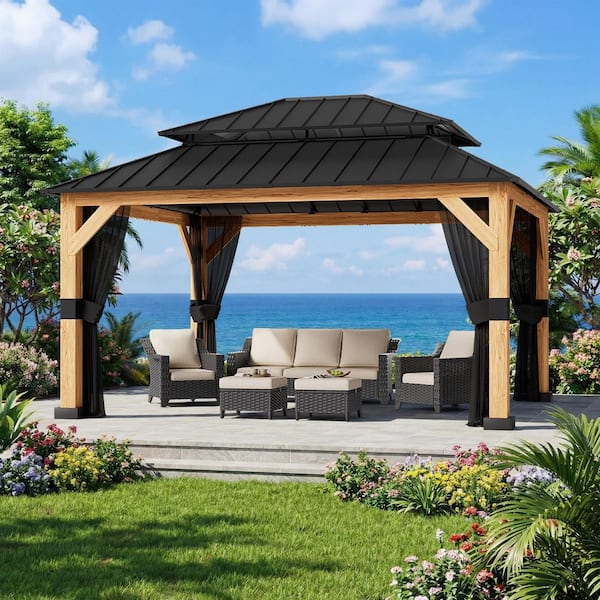 Esunny 13 ft. x 11 ft. Outdoor Patio Cedar Wood Frame Hardtop