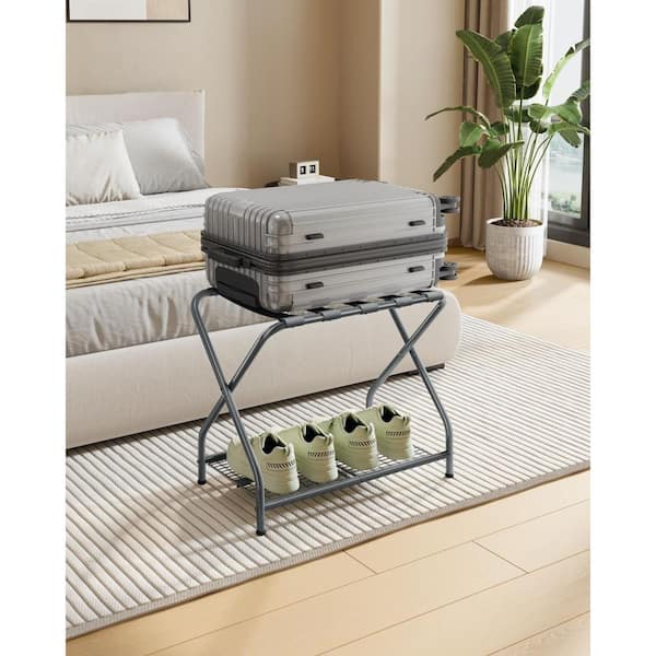 Numhew 2-Pack Gray Luggage Rack, Suitcase Stand with Storage Shelf