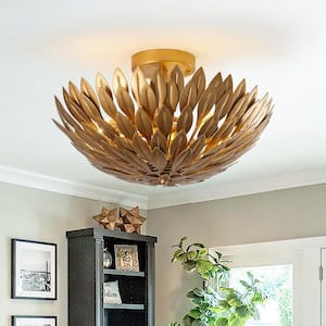 15.75 in. 3-Light Antique Gold Semi-Flush Mount Ceiling Light with Layers of Leaves Shade