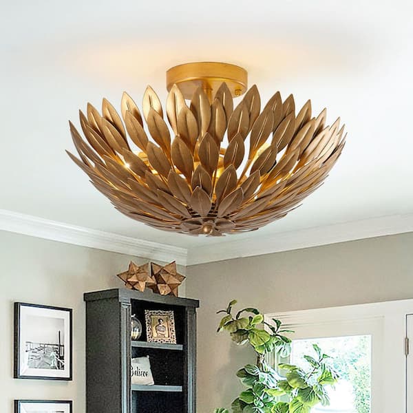 15.75 in. 3-Light Antique Gold Semi-Flush Mount Ceiling Light with Layers of Leaves Shade