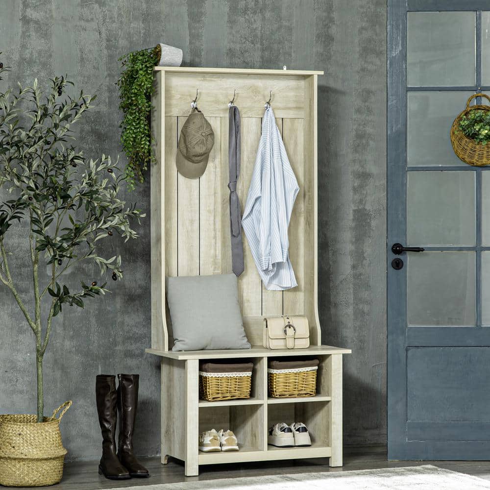 White Wood Hall Tree with Shoe Storage Bench and Coat Rack