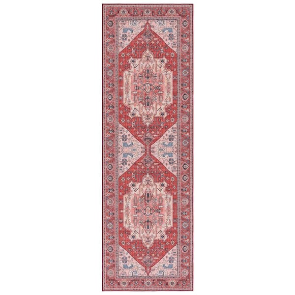 Tucson Red/Pink 3 ft. x 8 ft. Machine Washable Floral Medallion Border Runner Rug
