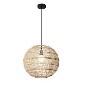 1-Light Black and Natural Globe Adjustable Pendant Light with Rattan Shaded for Living Room, No Bulbs Included