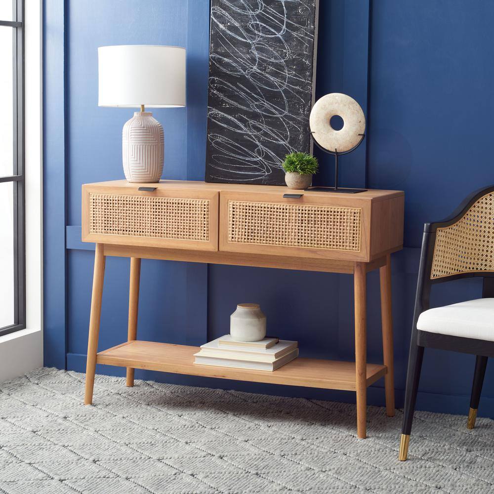 Natural Wood and Rattan 47" Console Table with Storage