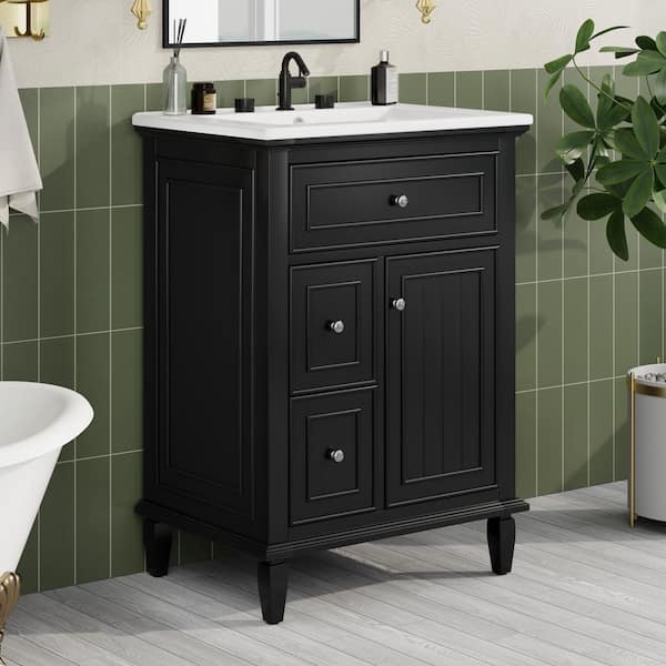 24 in. W Single Sink Black Freestanding Solid Wood Bath Vanity with White Ceramic Top, Unassembled