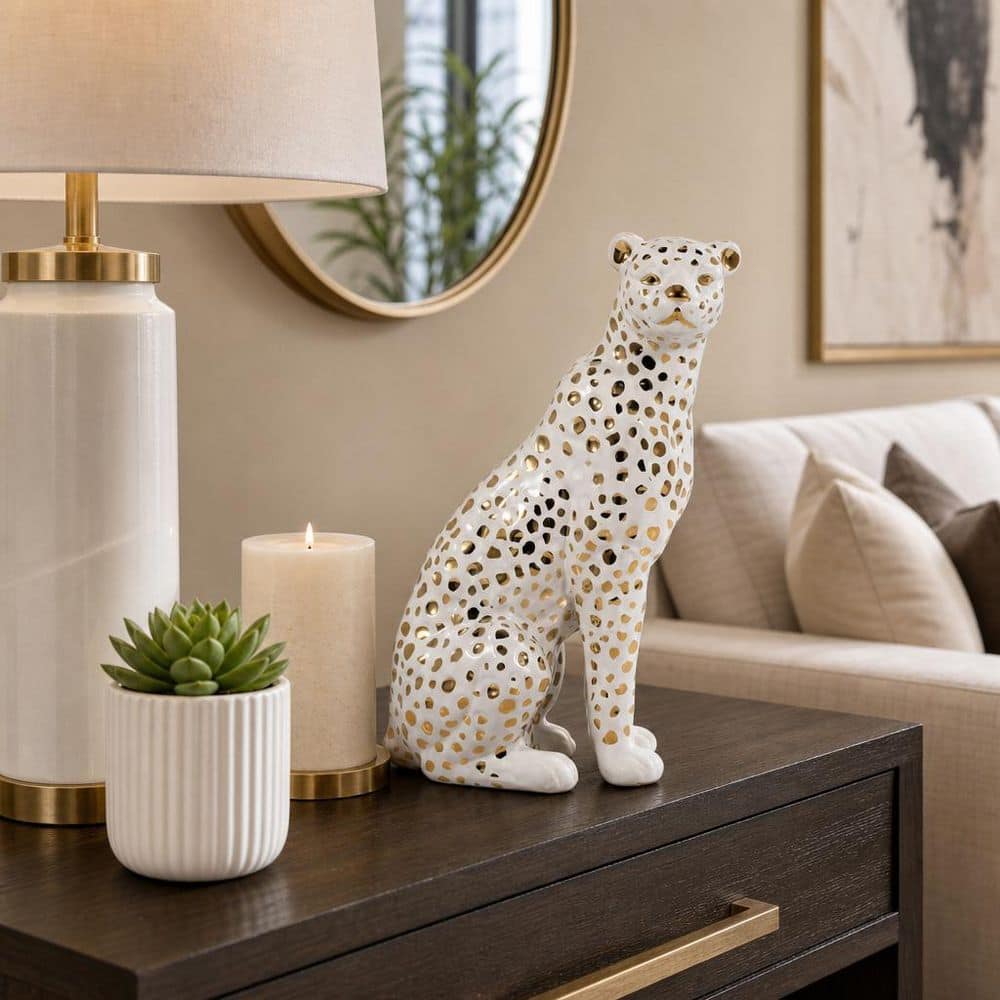 Liv & Skye White 7 in. x 11 in. Ceramic Glam Sitting Leopard 15878