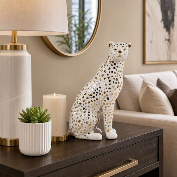 Liv & Skye White 7 in. x 11 in. Ceramic Glam Sitting Leopard 15878